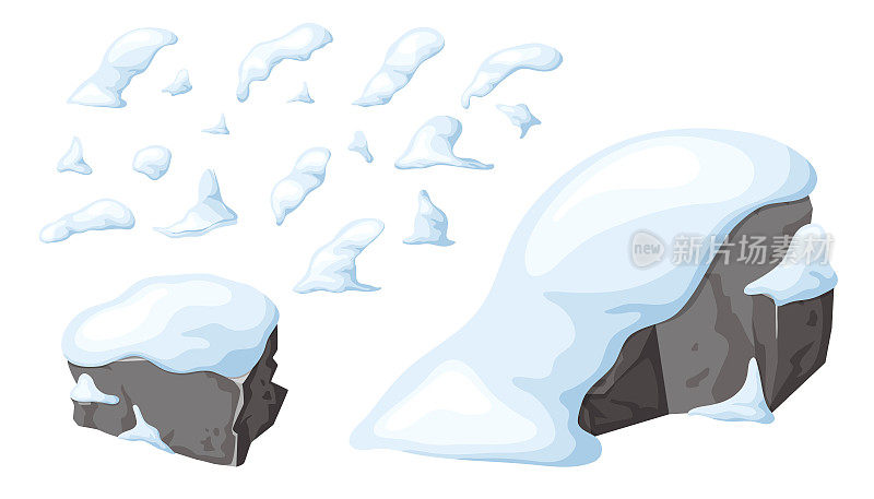一组石头和岩石在雪。游戏ui设计元素卡通里的雪山，冬天里的巨石堆。巨石和建筑材料。冰河期矢量图