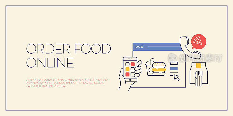 在线订餐相关设计与线图标。快餐，在线，互联网，移动应用程序，送货。