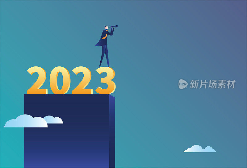 商人站在2023年，用望远镜眺望远方