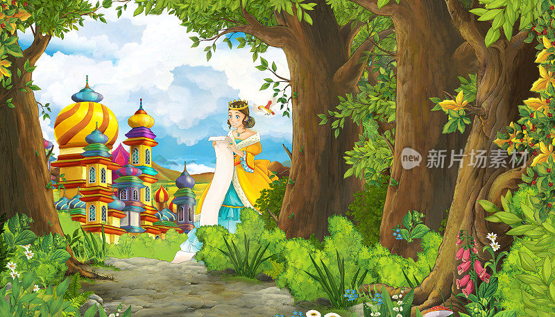 卡通自然场景与美丽的女孩公主和城堡-儿童插图