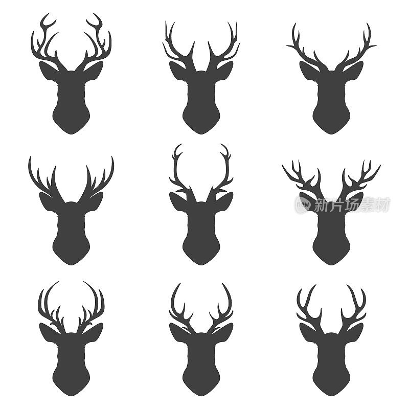 矢量驯鹿角，鹿角。鹿角剪影。手绘鹿角，鹿角集。动物鹿角收藏。鹿的设计元素。野生动物猎人，潮人，圣诞节和新年的概念