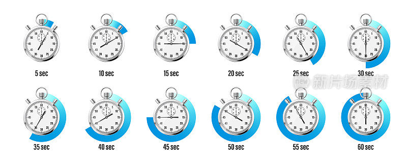 现实的经典秒表。闪亮的金属天文钟，时间计数器与拨号。蓝色倒数计时器显示分和秒。计时运动，开始和结束。矢量图