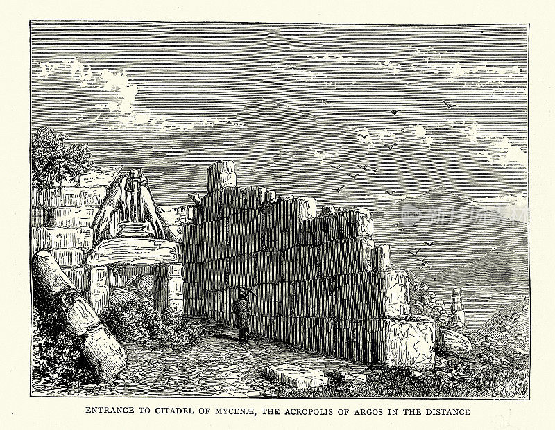 希腊伯罗奔尼撒半岛迈锡尼城堡入口，远处是阿尔戈斯卫城，19世纪19世纪70年代
