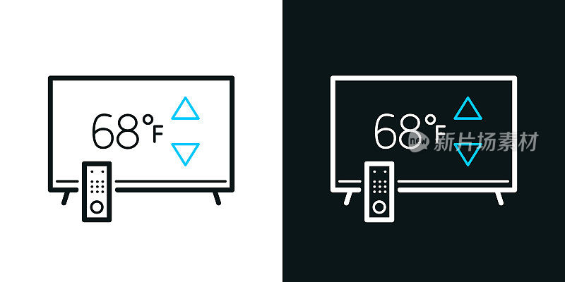 带加热控制的电视。黑色或白色背景上的双色线条图标-可编辑笔触