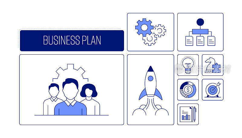 商业计划相关的矢量横幅设计概念，现代线条风格与图标