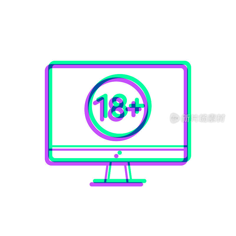 带有18个加号(18+)的台式计算机。图标与两种颜色叠加在白色背景上