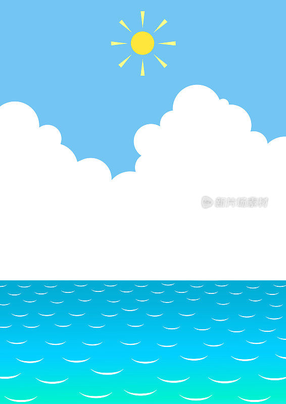 简单的插图背景材料积雨云，太阳，蓝天和大海