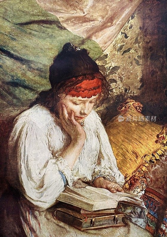 年轻女子正在读书,右手贴在脸颊上,若有所思