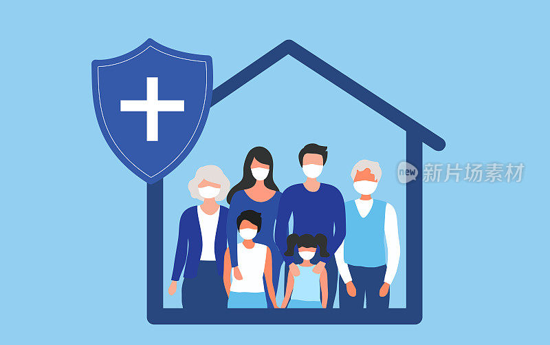 家庭生活健康保险概念，家庭购买保险保障家庭矢量说明。医疗保健，保险和