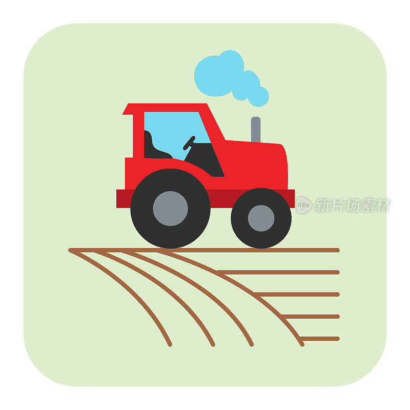 拖拉机-农业图标在绿色背景上的平面颜色