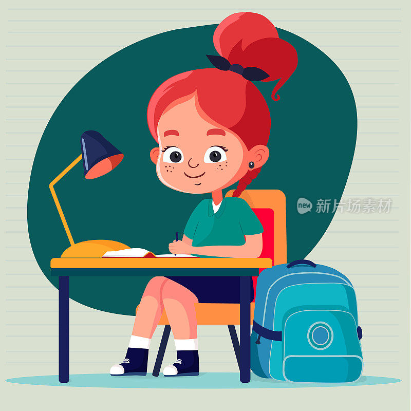 一个女孩在学校里坐在课桌前，在课本上写字