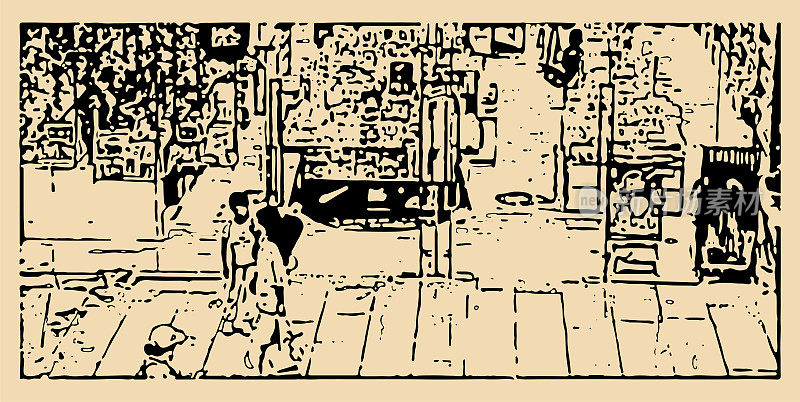 勾勒风格的人在商场前行走的商业零售场景插画