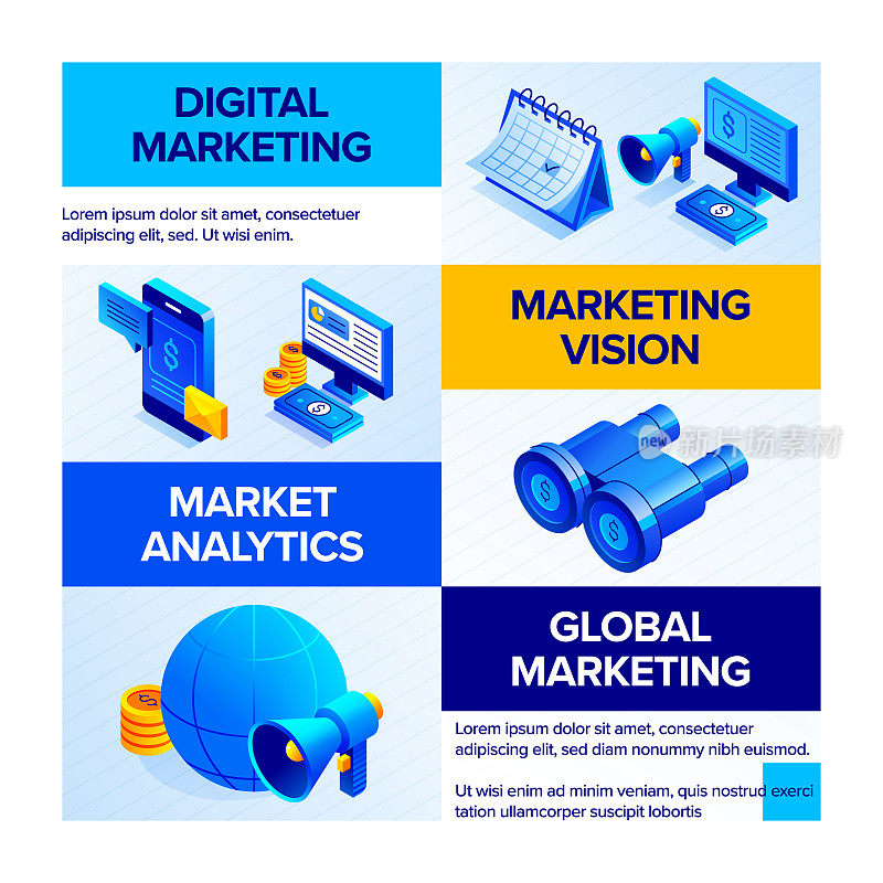 矢量插图的业务和营销等距图标和三维横幅设计。