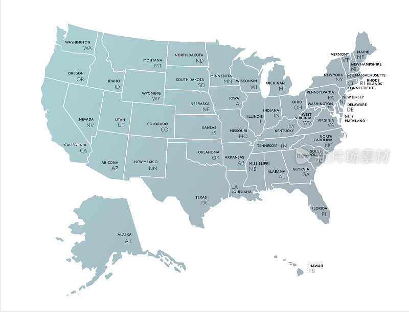 矢量美国颜色地图与国家和每个国家股票插图美国，科罗拉多州，加利福尼亚州，密歇根州，伊利诺伊州的名称的边界