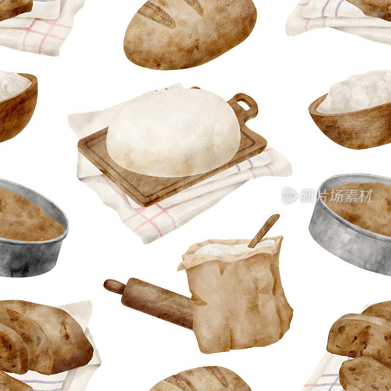 水彩面包无缝图案。手绘烘焙产品背景。小麦面包，面团和派盘隔离在白色上。烹饪设计食谱，食谱，菜单，博客，包装。