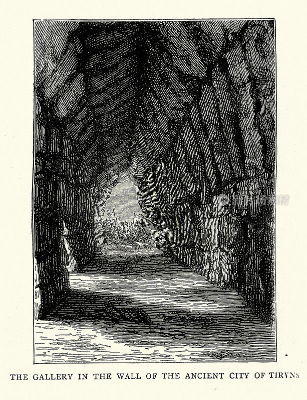 19世纪70年代，伯罗奔尼撒半岛阿戈利斯迈锡尼考古遗址梯林斯古城城墙上的画廊