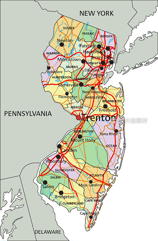 新泽西州-高度详细的可编辑的政治地图与标签。