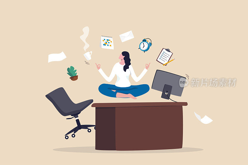 员工福利，工作舒适，项目管理或放松工作场所，平衡或生产力概念，办公室女性正念冥想在办公桌上悬浮工作内容。