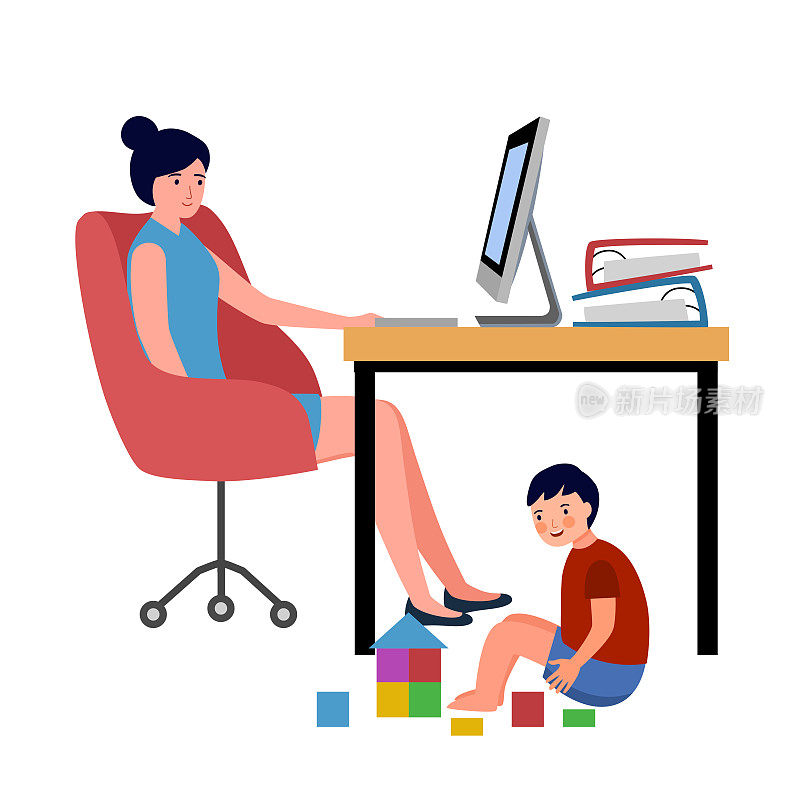 在白色背景的平面设计中，忙碌的妈妈一边用电脑工作一边照顾她的孩子。