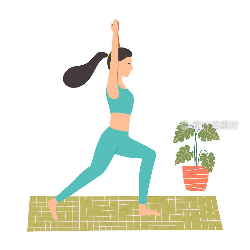 女子在室内锻炼。瑜伽健身，健康生活方式。