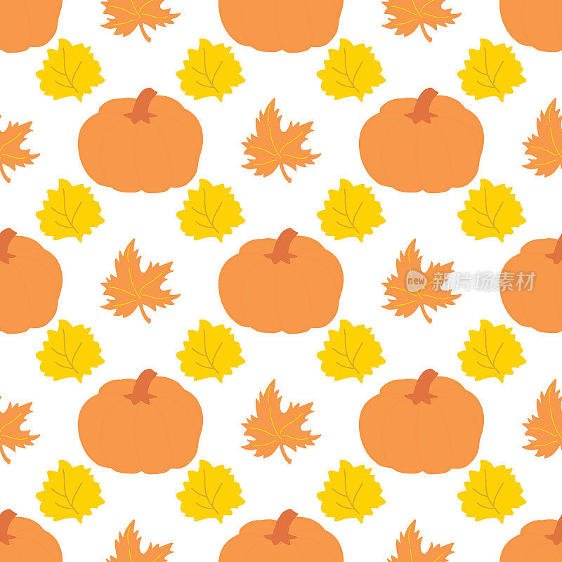 南瓜矢量图案。秋日农家乐天衣无缝的背景。感恩节橙南瓜与枫树和桦树叶