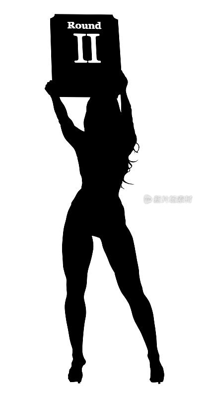环女孩显示圆形数字在拳击场黑色剪影在白色背景，体育插图
