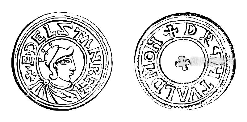 中世纪盎格鲁-撒克逊银币的艾塞斯坦-古董雕刻插图