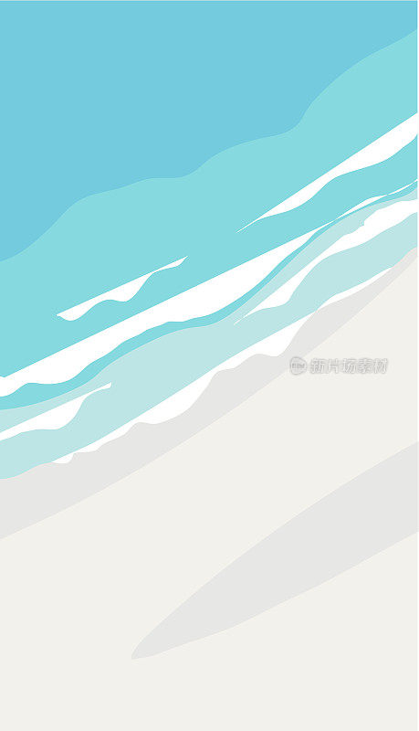 海浪到达海岸线的鸟瞰图。沙滩，沙滩，海边有蓝色的浪花。俯瞰海滨。手绘矢量插图。旅游海报模板