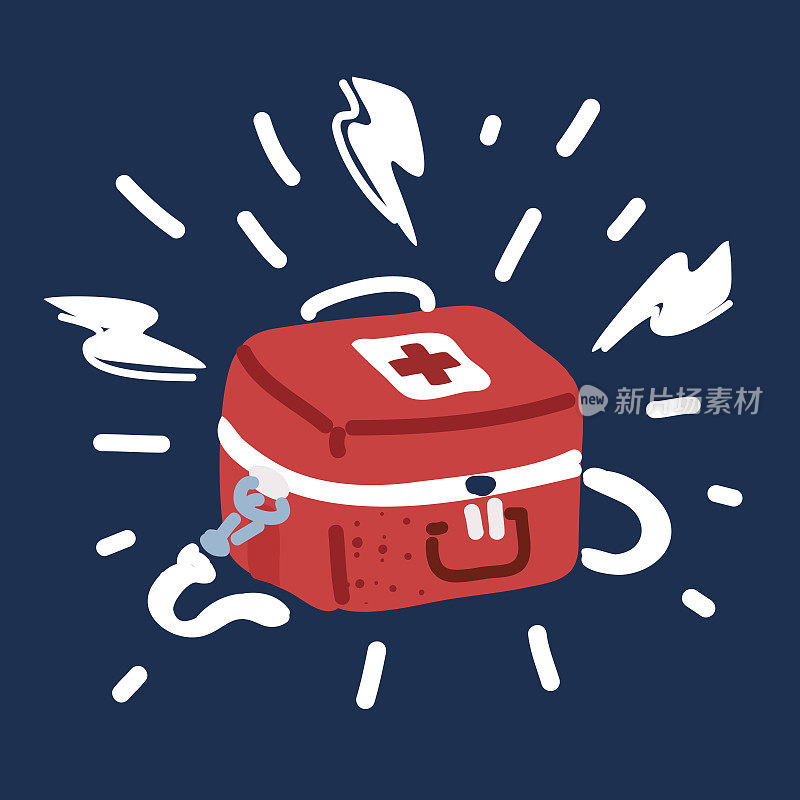 急救急救箱与医疗设备和紧急药物的卡通矢量插图，对象俯视图