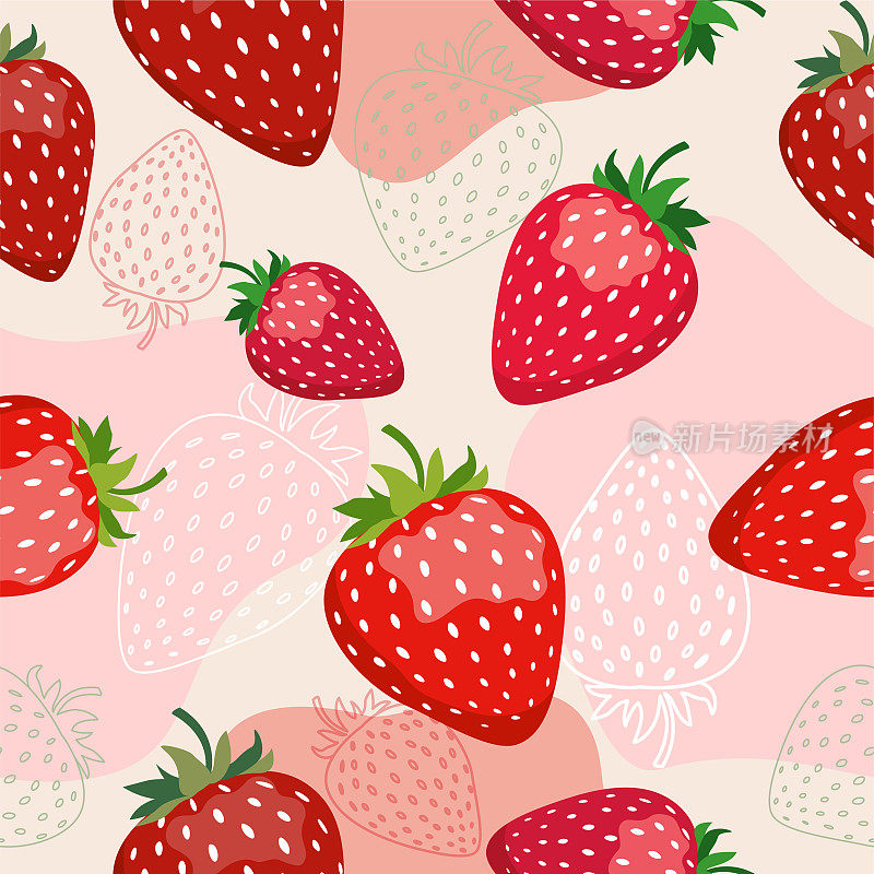 无缝矢量模式与红色草莓在粉红色的背景与点在平面风格。