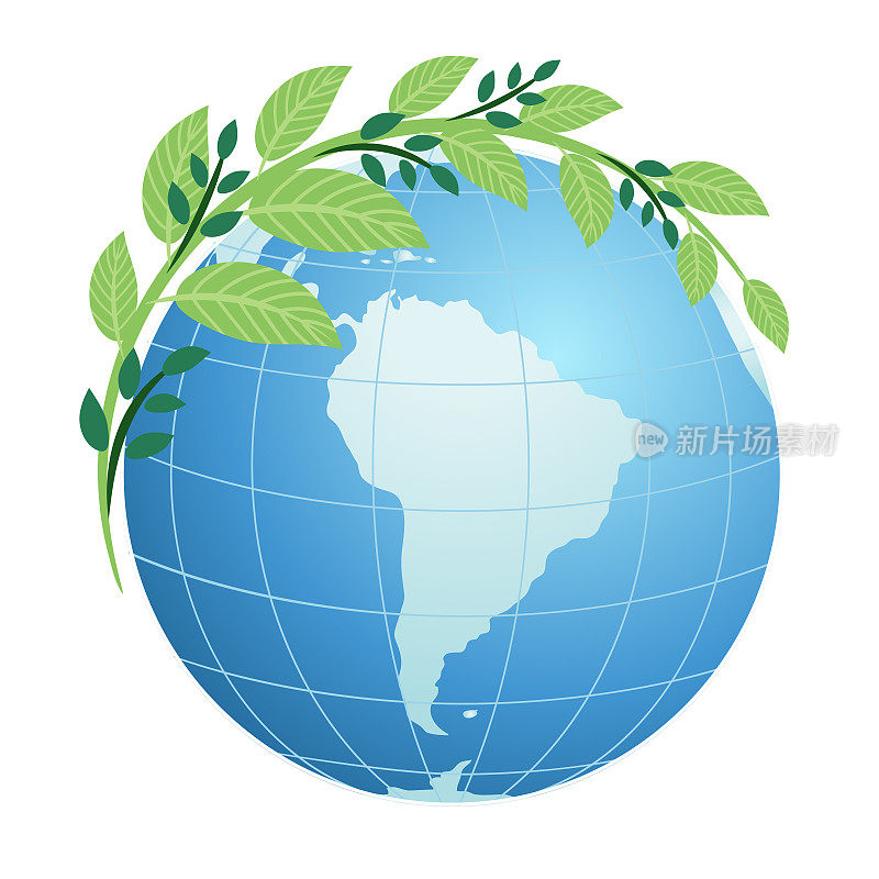 南美洲的地球仪与树叶在透明的背景