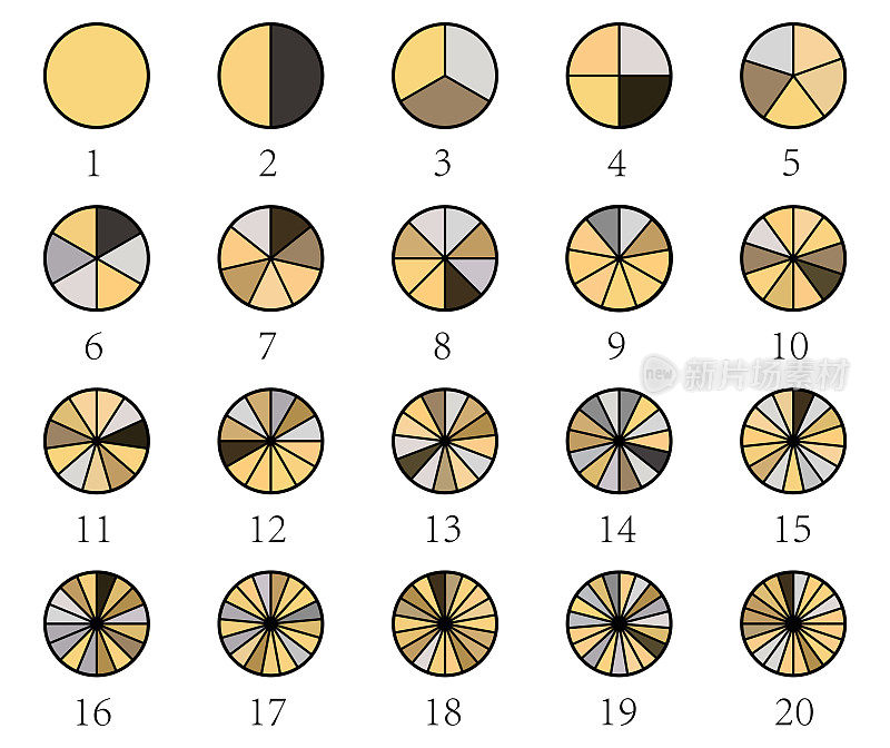 矢量黄色各种扇区的数量相等地划分在白色背景上孤立的圆形符号