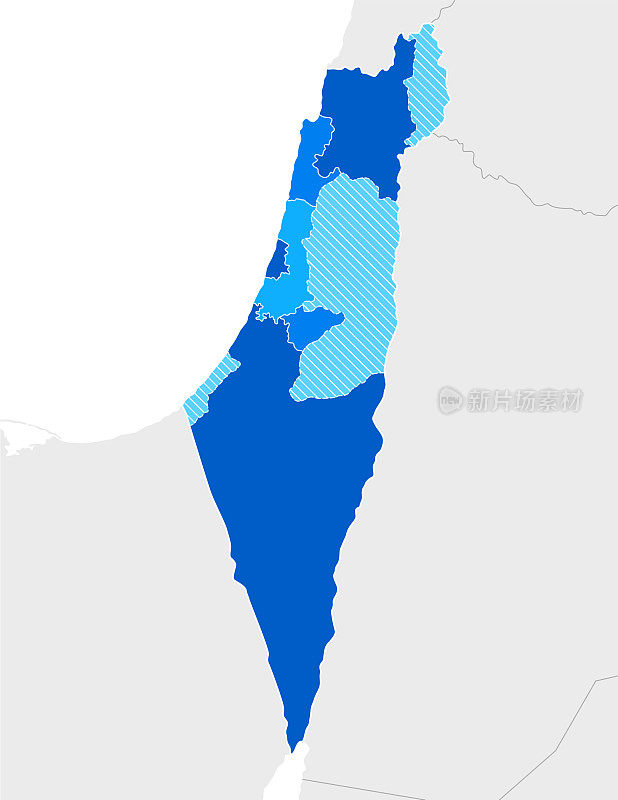 高详细的以色列蓝色地图，黎巴嫩，约旦，叙利亚，埃及和沙特阿拉伯的地区和国家边界
