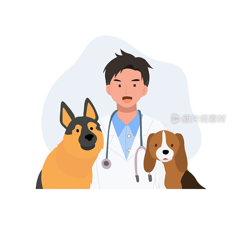 家畜治疗理念。微笑的兽医带着狗。快乐的男兽医。平面矢量卡通插图