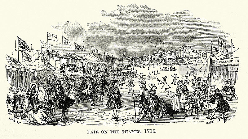 1716年，18世纪英国历史上结冰的泰晤士河上的冰雪集市