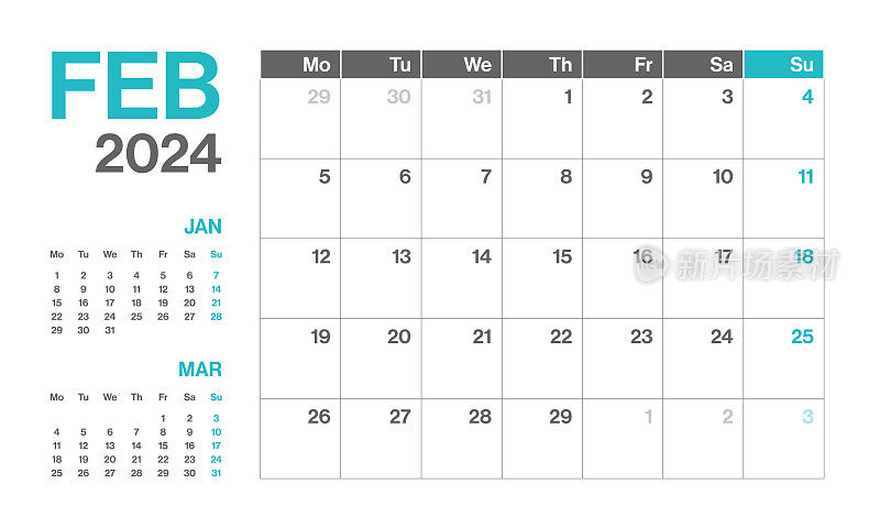 2024年2月-每月季度日历。极简风格的景观水平日历2024年。向量模板。这一周从星期一开始