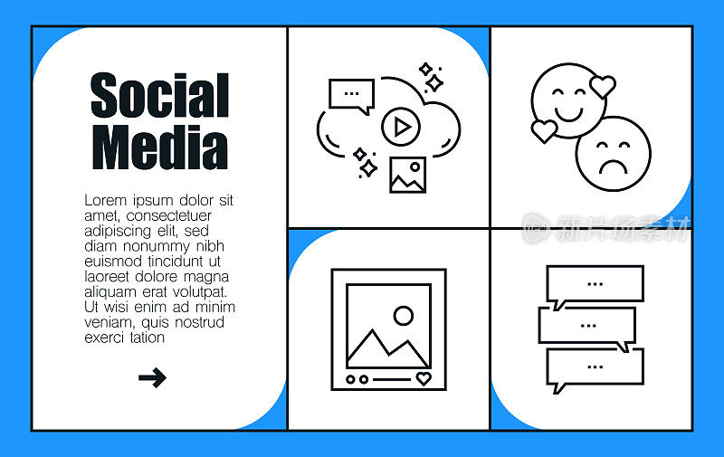 社交媒体线图标集和横幅设计。网络，喜欢，关注，消息，表情符号，分享