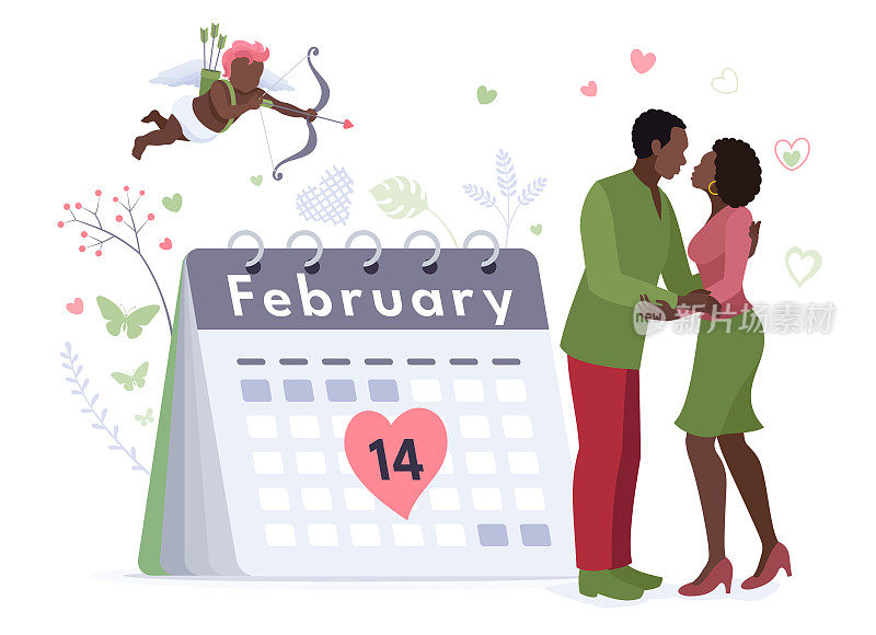 非洲造型的丘比特在日历上优雅地飞翔，标志着2月14日庆祝情人节。