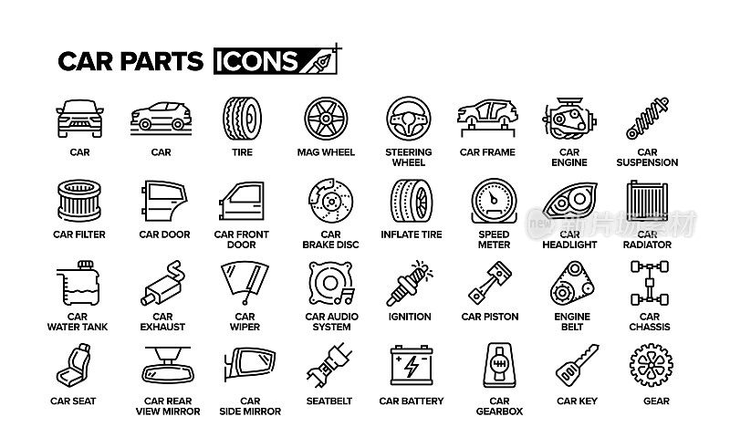 汽车零件线图标集。车库,维修,汽车修理工。