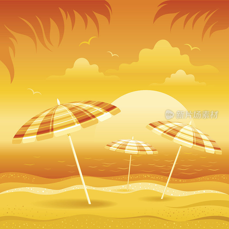 日落海滩的背景与伞