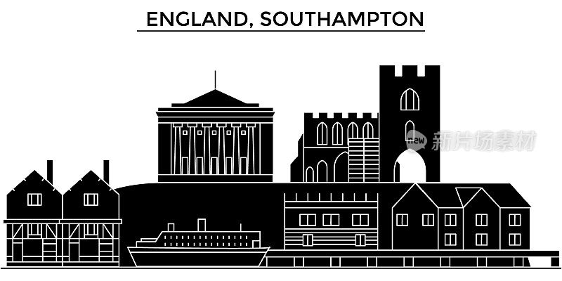 英国，南安普顿建筑向量城市天际线，旅游城市景观与地标，建筑，孤立的景观背景