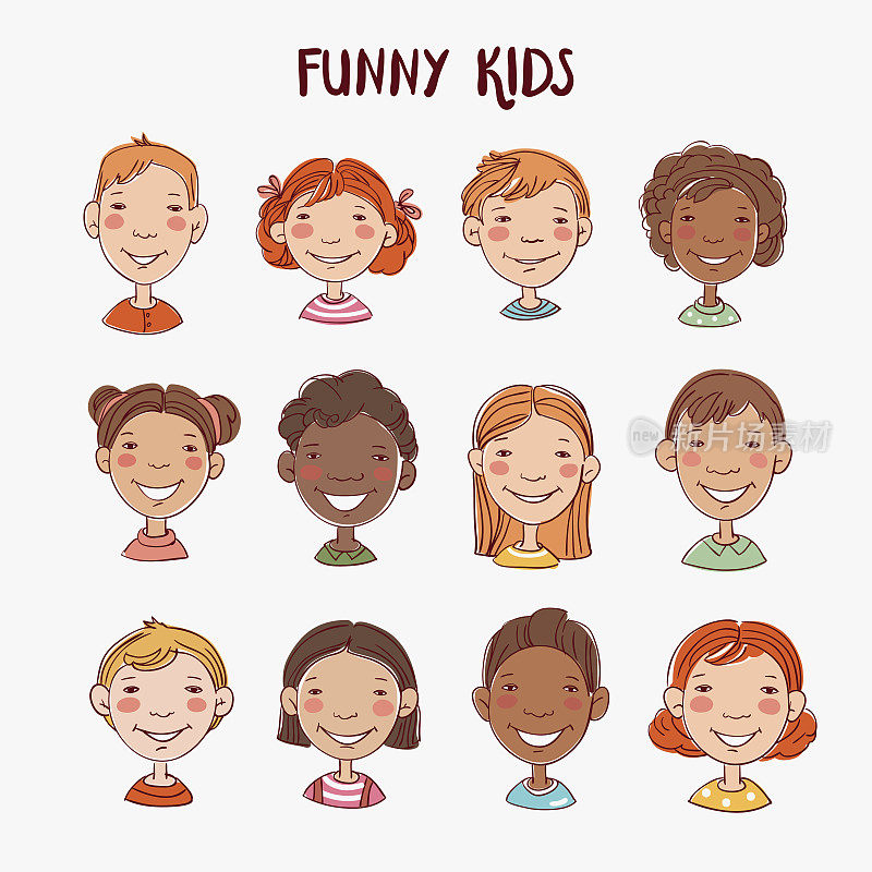有趣的孩子。多民族群体的快乐儿童。不同的卡通面孔图标