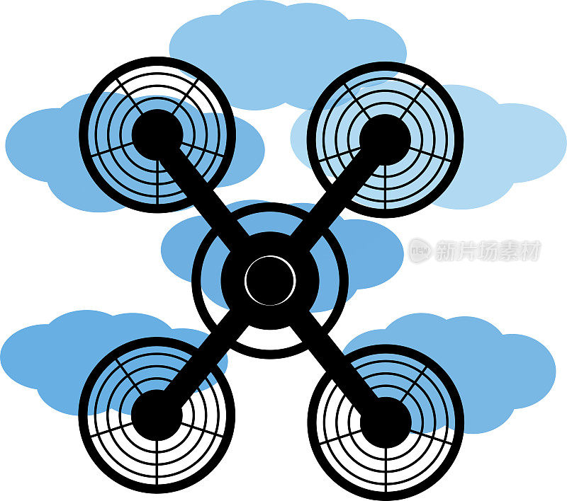 飞行的无人机与云在白色的背景。矢量插图。
