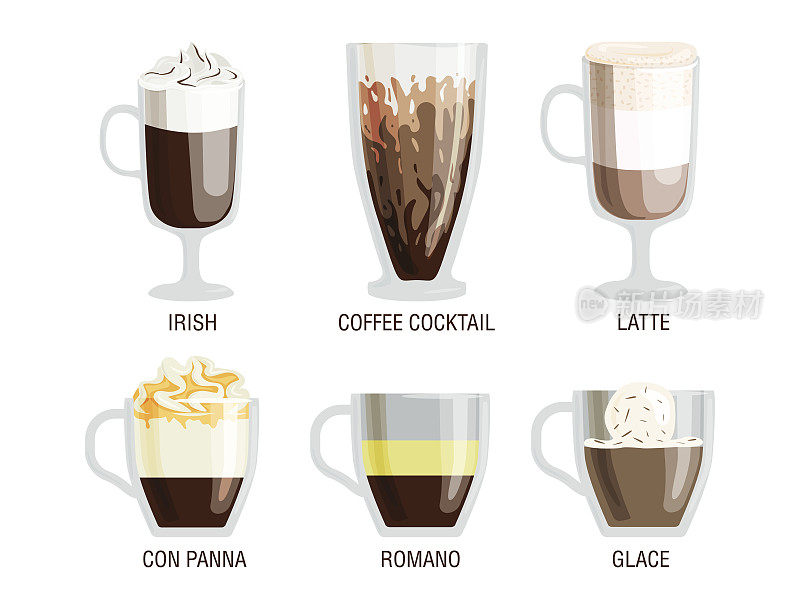 套不同透明杯的咖啡类型杯与泡沫饮料和早餐早餐标志美味芳香的玻璃分类矢量插图