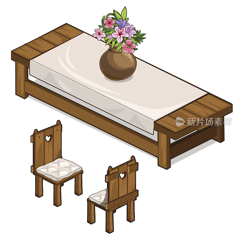矢量组的桌子和两把椅子在乡村风格