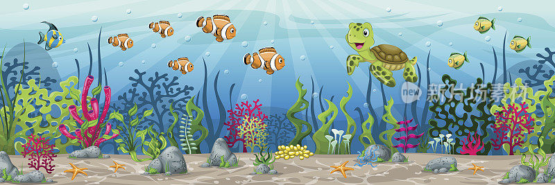 插图的水下景观与动物和植物