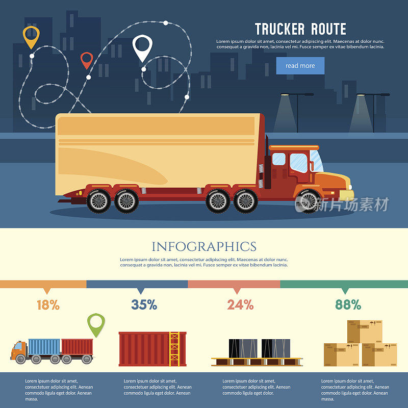货物配送信息图，货物服务。卡车行业旗帜卡车司机路线。物流和城市。航运仓库元素向量