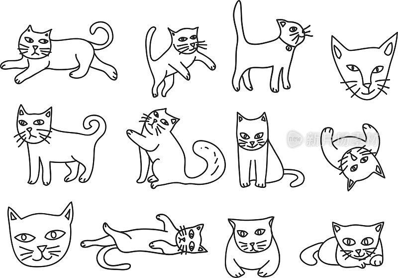 可爱的猫手绘图标向量设置线艺术插图