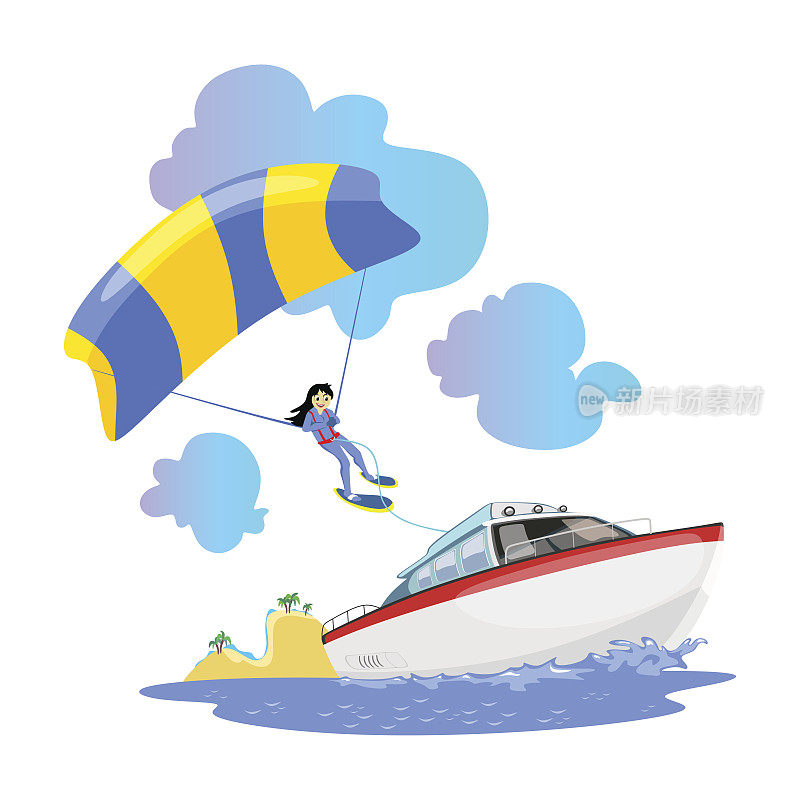 帆伞水上极限运动背景，孤立的设计元素为暑期活动的乐趣概念，卡通海浪冲浪，海滩矢量插图，活跃的生活方式冒险