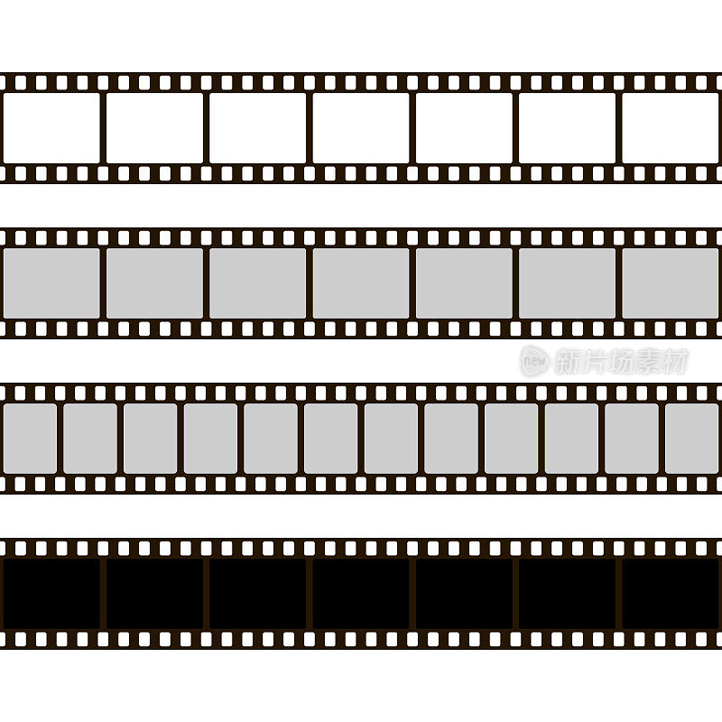 薄膜带集。为照相机收集的胶卷。电影框架。矢量插图。白底底片的模板